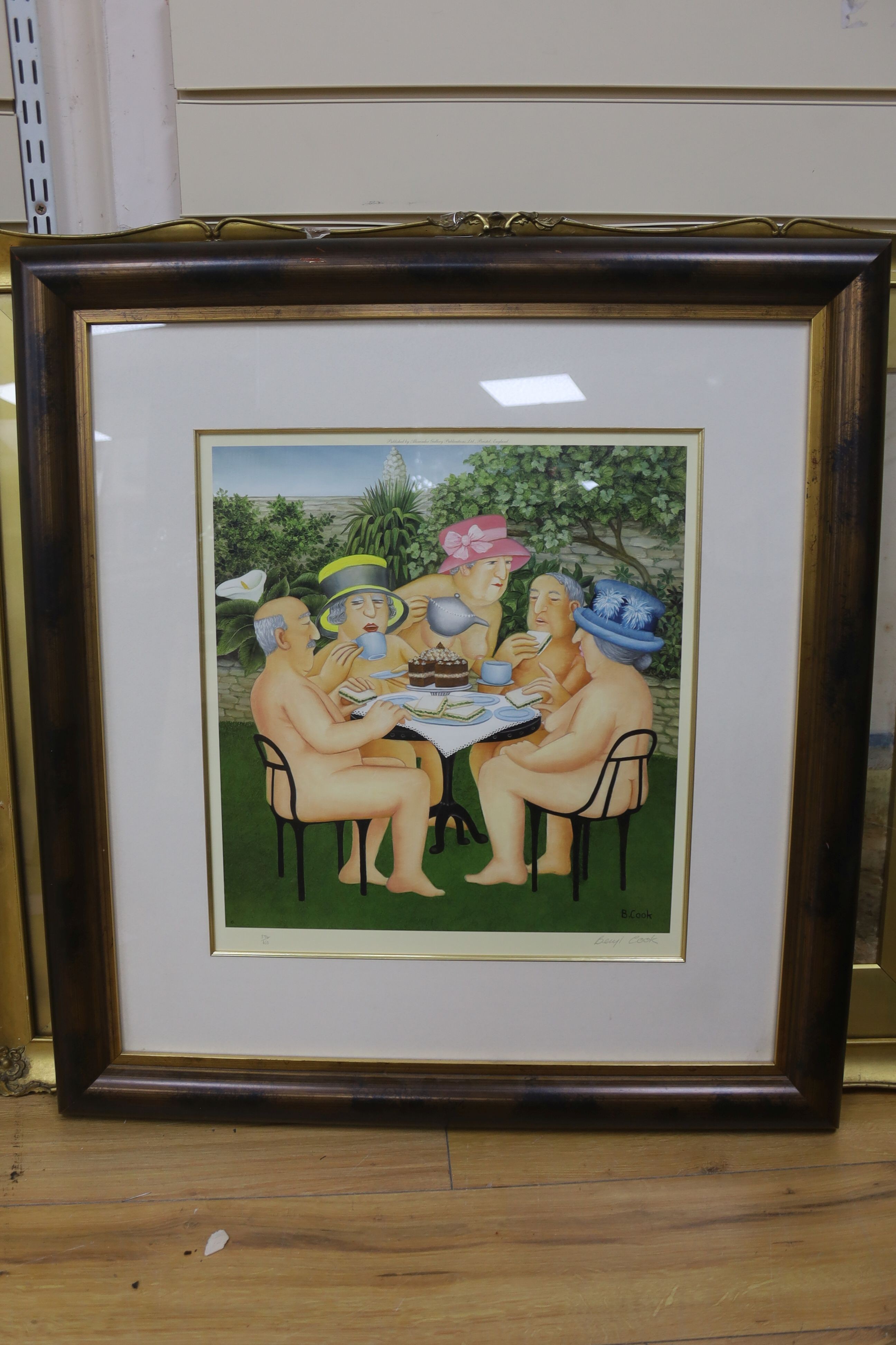 Beryl Cook, limited edition print, 'Tea in the Garden', signed in pencil, 374/650 with COA verso, 42 x 39cm